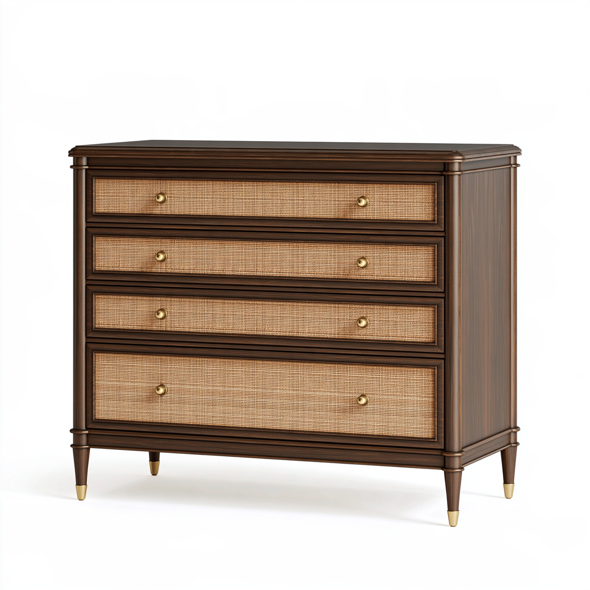 Cassettiera 120 x 48 x 105 cm in legno marrone con rattan intrecciato - 4 cassetti stile classico