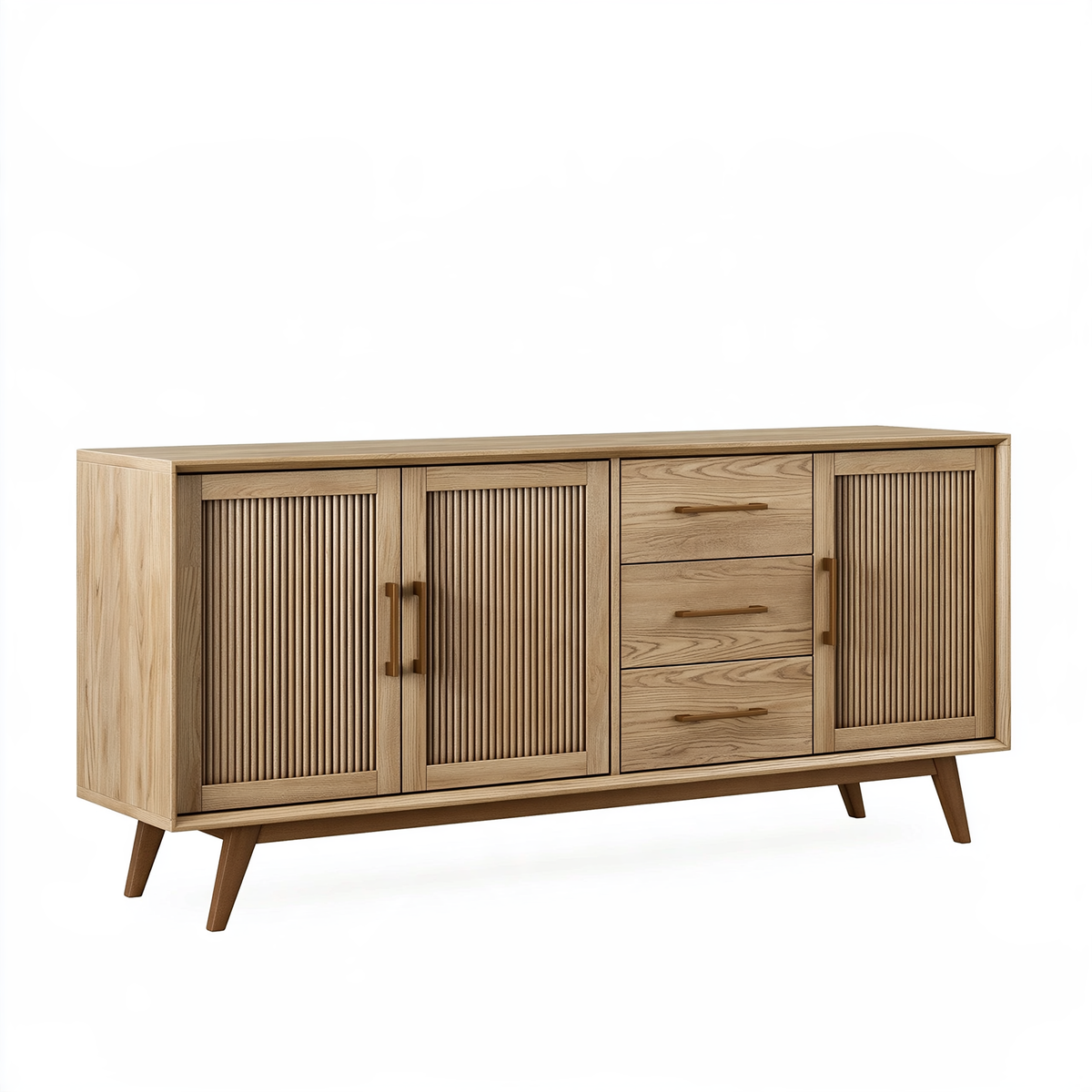 Credenza 180 x 45 x 90 cm in legno rovere naturale con ante scanalate e cassetti stile moderno