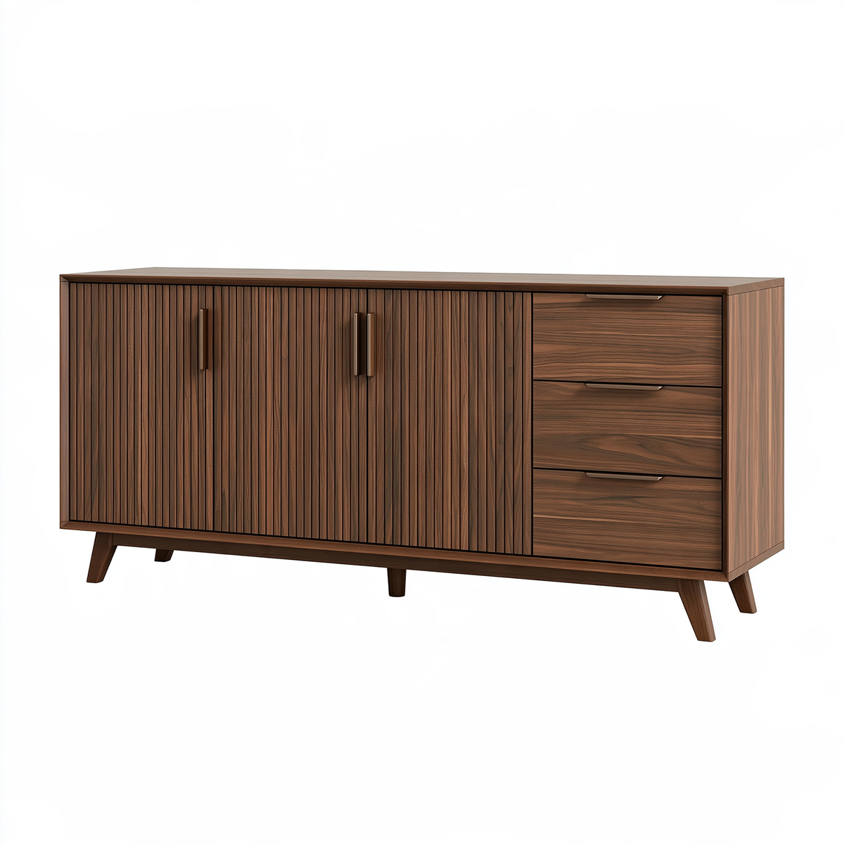 Credenza 180 x 45 x 85 cm in legno marrone noce con ante scanalate e cassetti stile moderno
