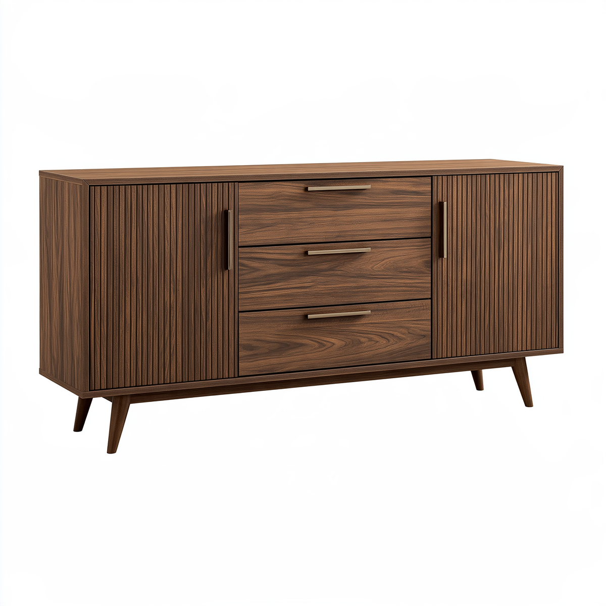 Credenza 160 x 40 x 90 cm in legno marrone noce con ante scanalate e cassetti stile moderno