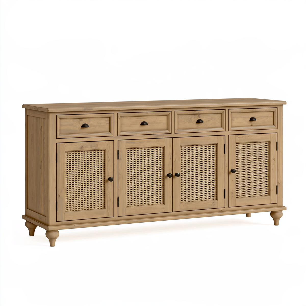 Credenza 180 x 45 x 90 cm in legno naturale e rattan - 4 ante 4 cassetti stile rustico