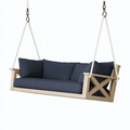 Dondolo sospeso 180x75x60 cm in legno beige con seduta blu stile rustico da esterno