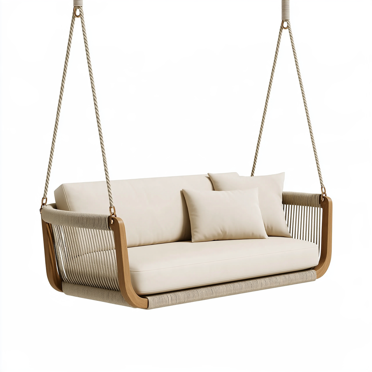 Divano sospeso 150 x 80 x 70 cm in legno e corda beige per esterno - seduta imbottita