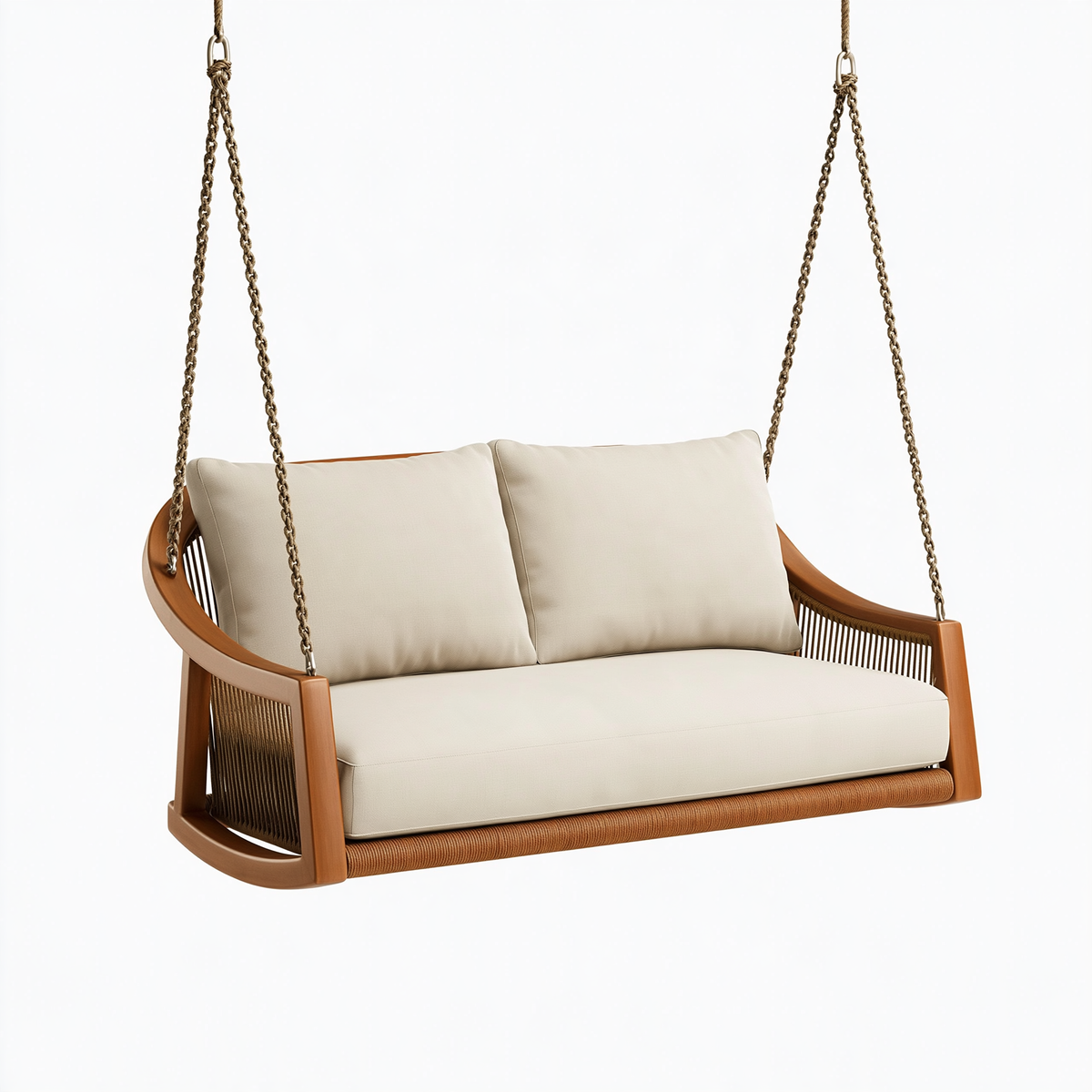 Dondolo sospeso 130x75x65 cm in legno e corda marrone beige per esterni stile contemporaneo