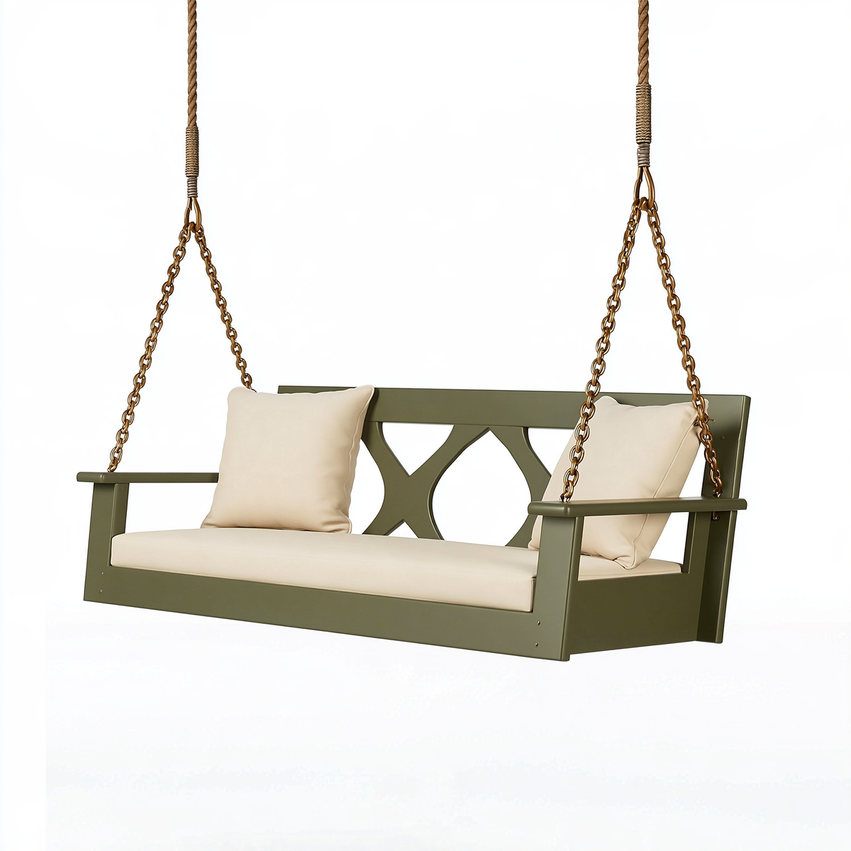 Dondolo sospeso da giardino 130 x 65 x 60 cm in legno verde oliva a due posti