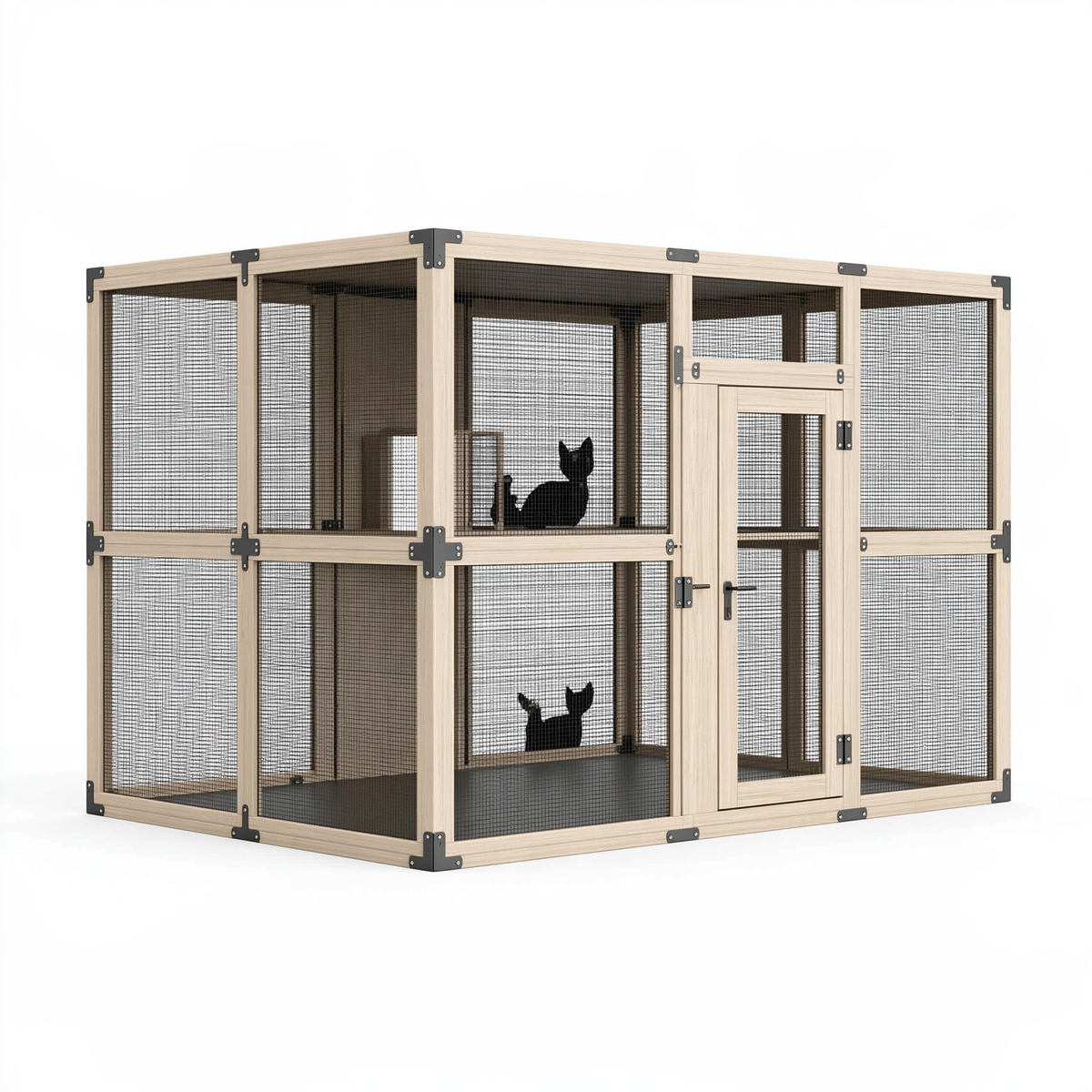 Recinto per gatti 180 x 90 x 180 cm in legno naturale e rete metallica a due livelli per interni