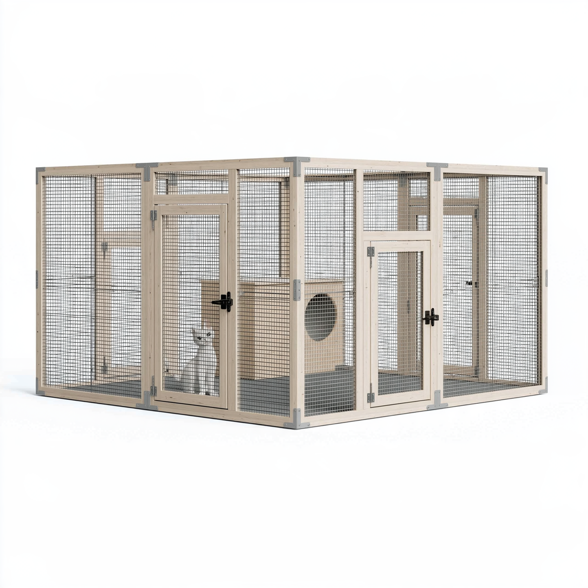 Gabbia per gatti 180 x 120 x 180 cm in legno naturale e rete metallica - recinto interno modulare