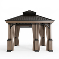 Gazebo da giardino 300 x 300 cm in metallo marrone e nero con tetto rigido e tende