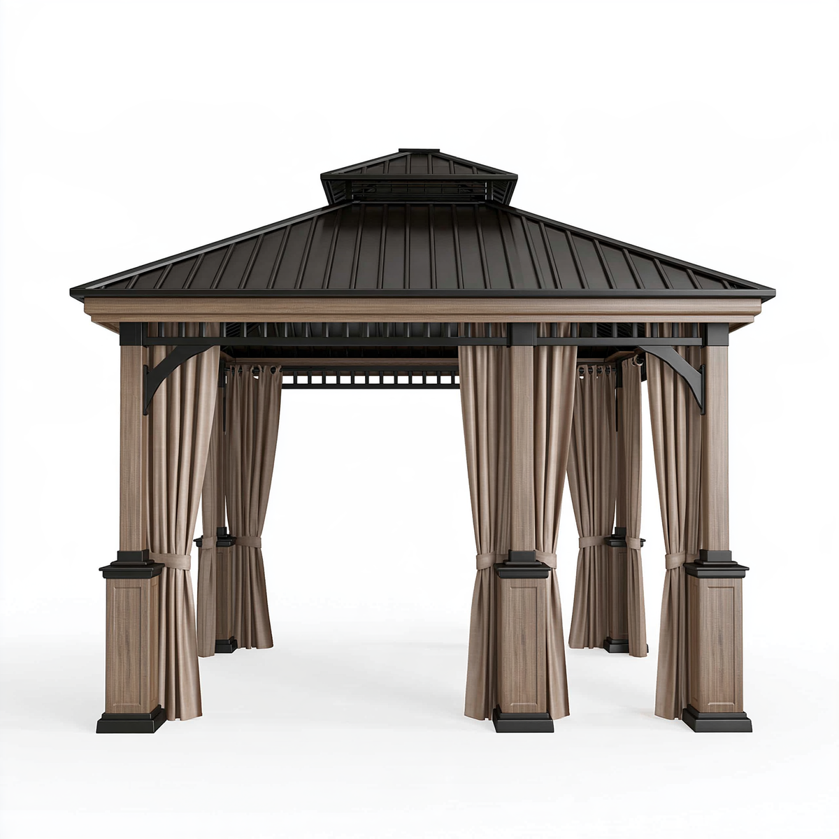 Gazebo da giardino 300 x 300 cm in metallo marrone e nero con tetto rigido e tende
