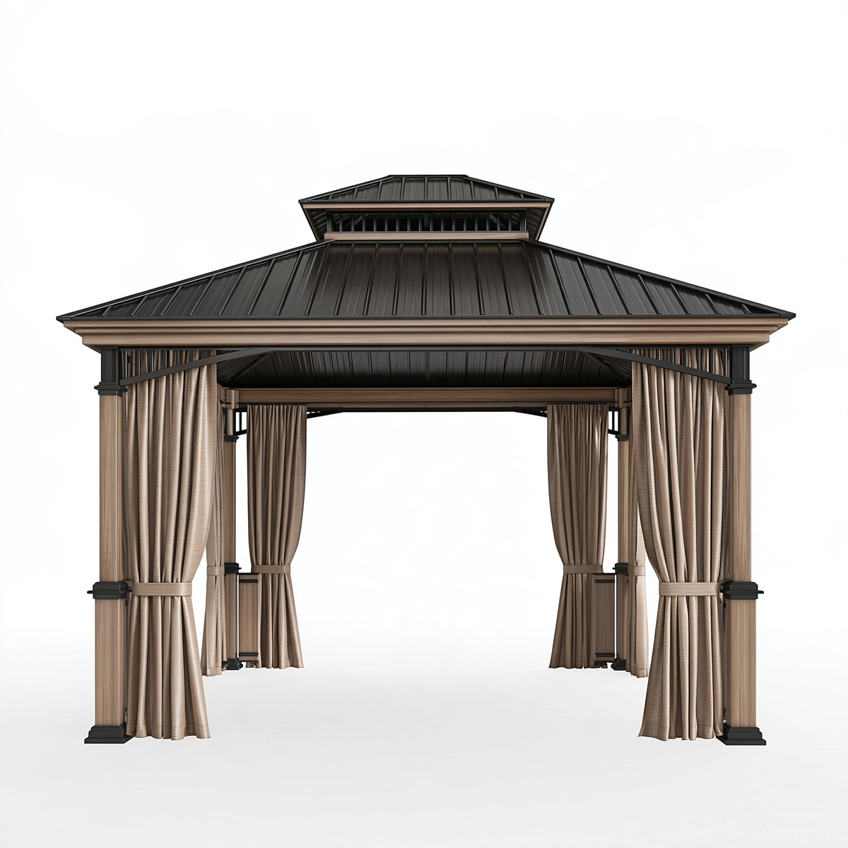 Gazebo da giardino 300 x 300 cm in metallo nero e marrone con tende laterali a doppio tetto