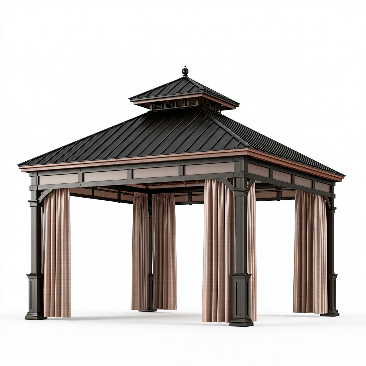 Gazebo da giardino 400 x 400 cm in metallo nero con tende beige e tetto rigido