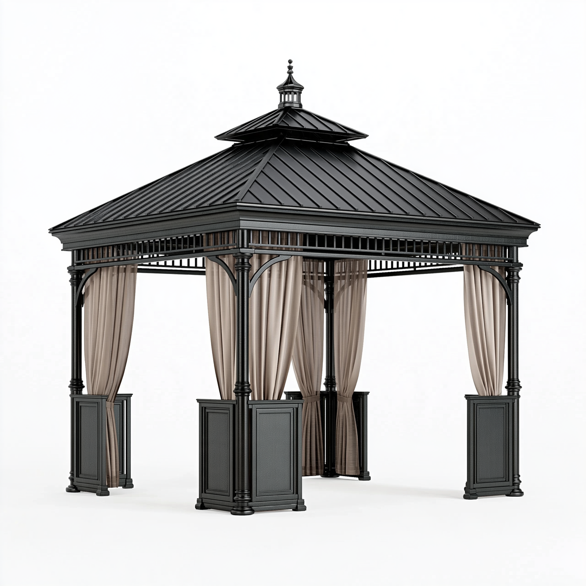 Gazebo da giardino 300 x 300 x 320 cm in acciaio nero con tende stile classico