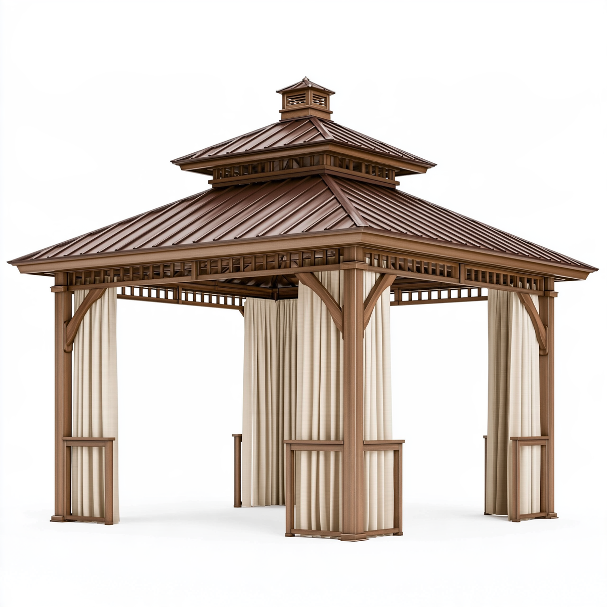 Gazebo da giardino 400 x 400 x 360 cm in legno marrone con tende in tessuto stile classico