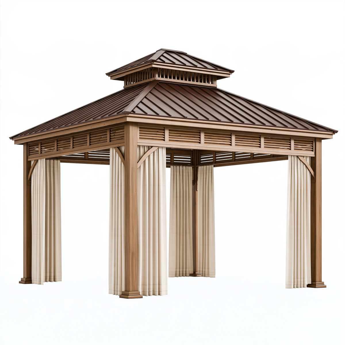 Gazebo da giardino 300 x 300 x 300 cm in legno marrone con tende e tetto a padiglione