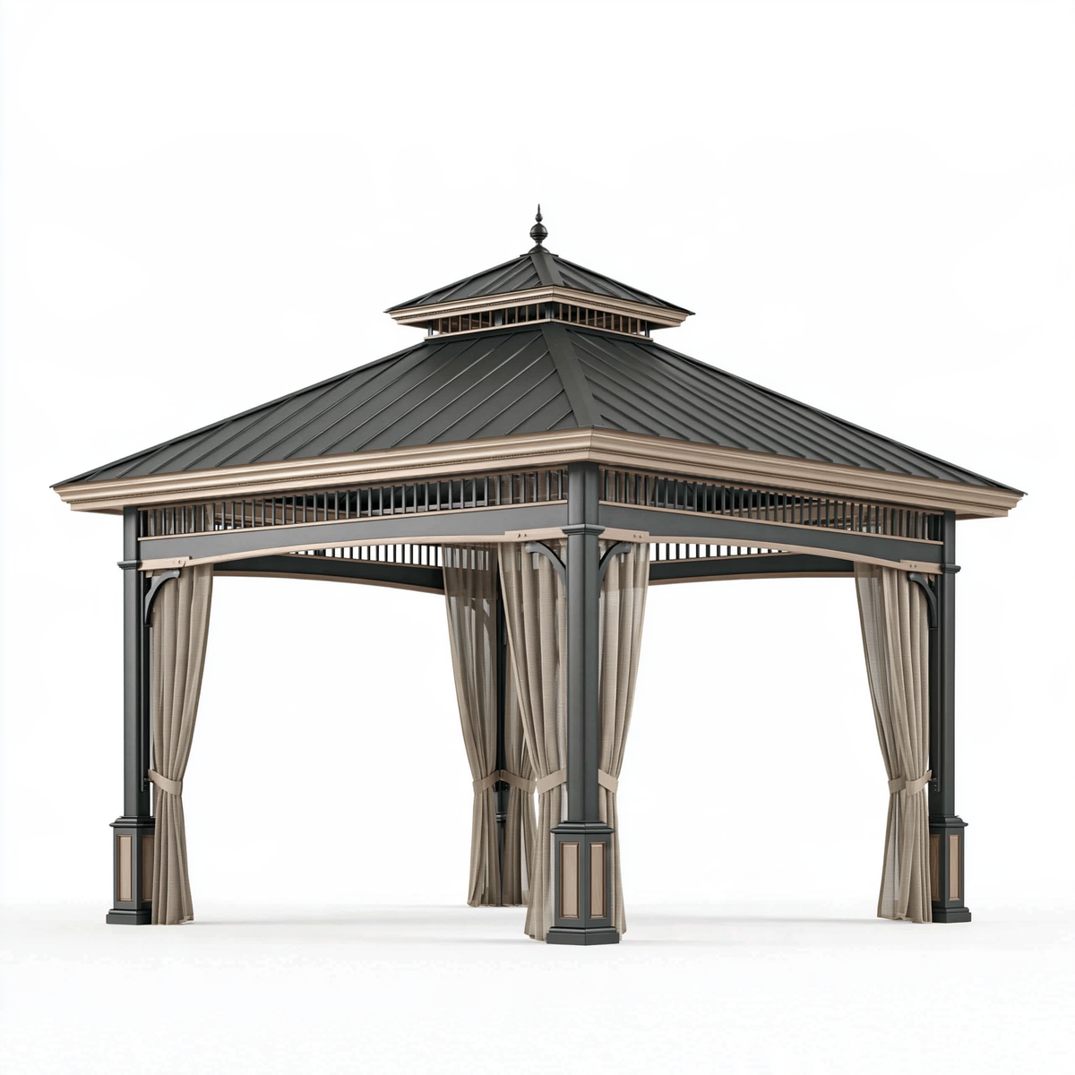 Gazebo 300 x 300 x 320 cm in metallo nero con tende per esterno stile classico