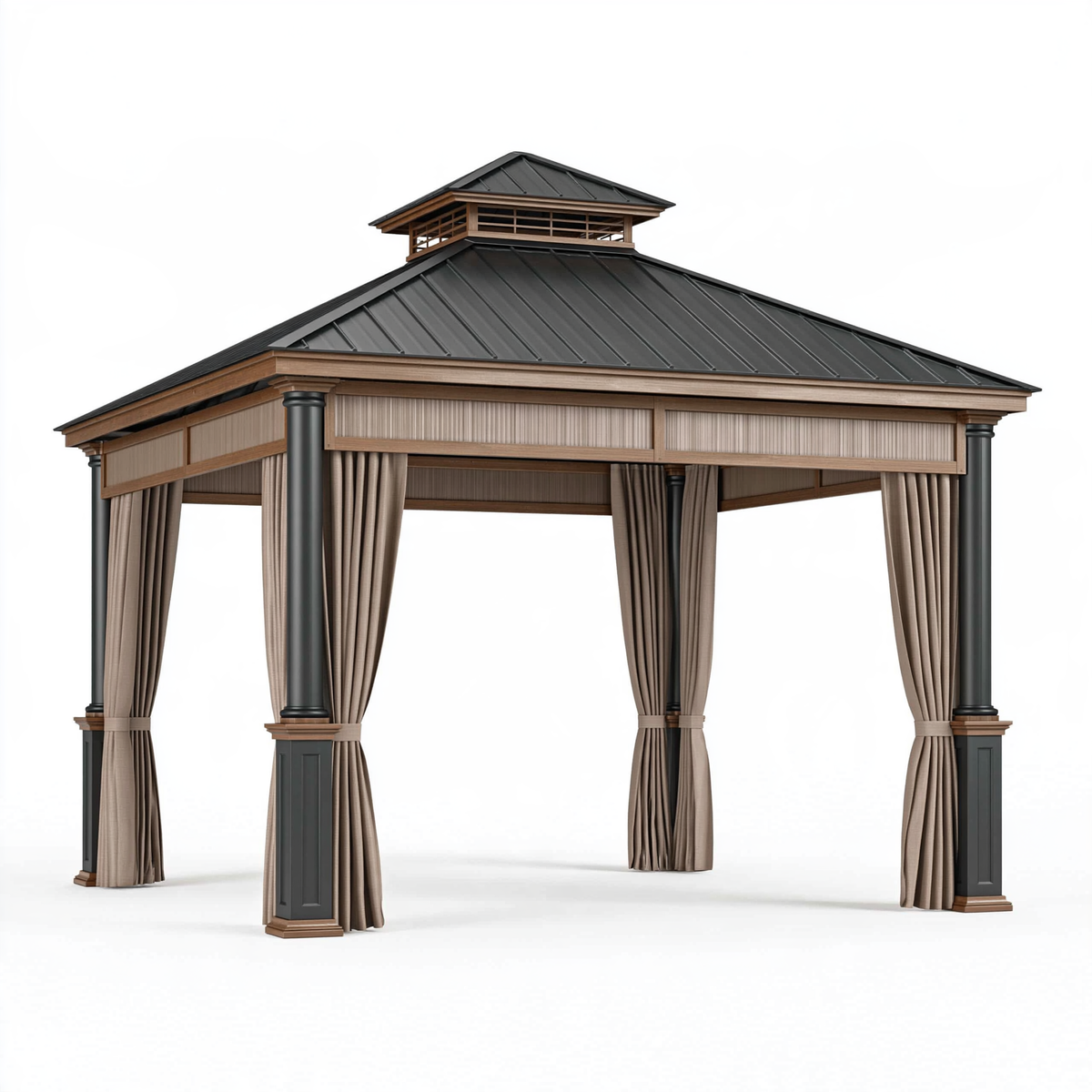 Gazebo da giardino 400 x 400 x 350 cm in legno e metallo marrone nero con tende stile padiglione