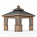 Gazebo da giardino 300 x 300 cm in legno con tetto metallico grigio antracite e tende stile padiglione