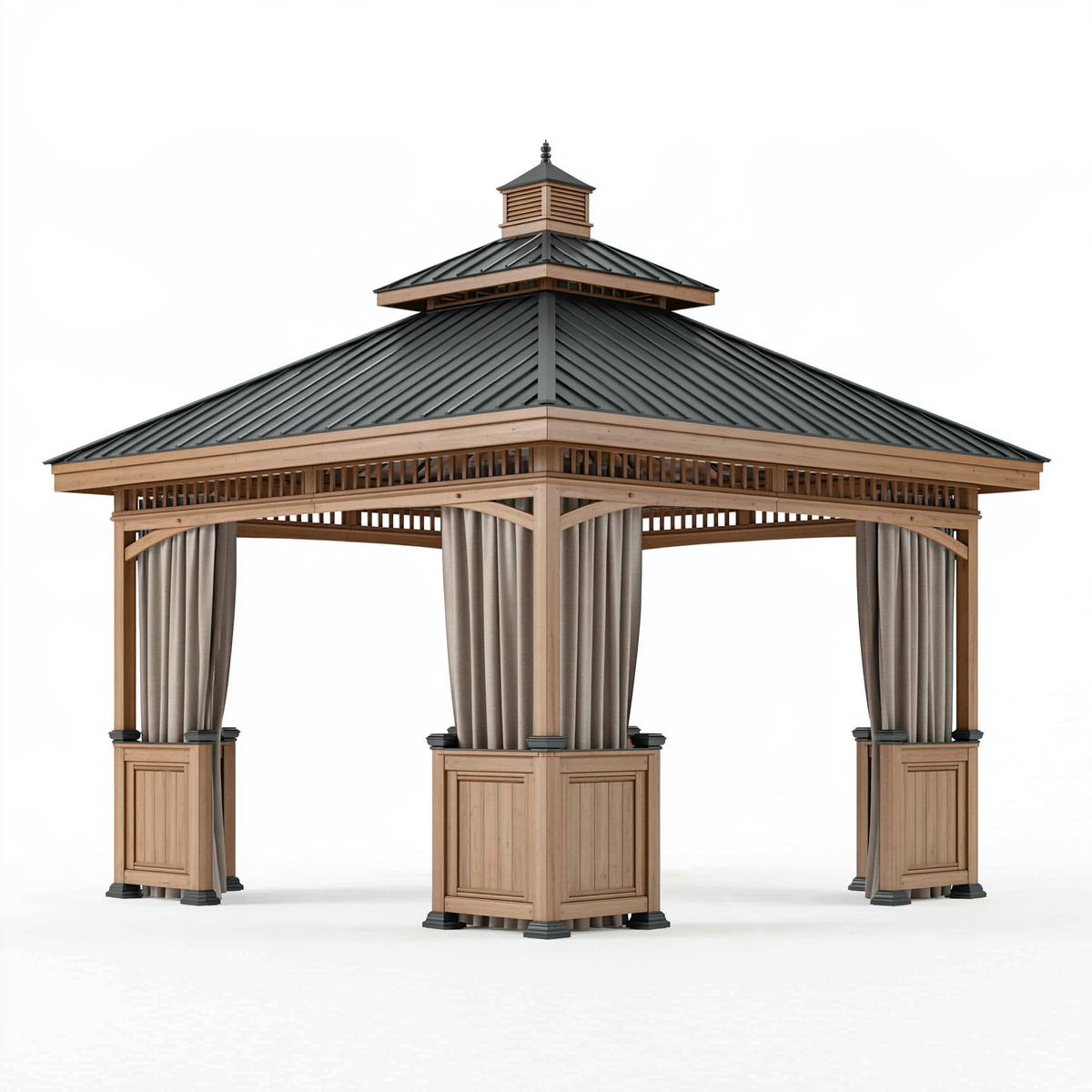 Gazebo da giardino 300 x 300 cm in legno con tetto metallico grigio antracite e tende stile padiglione